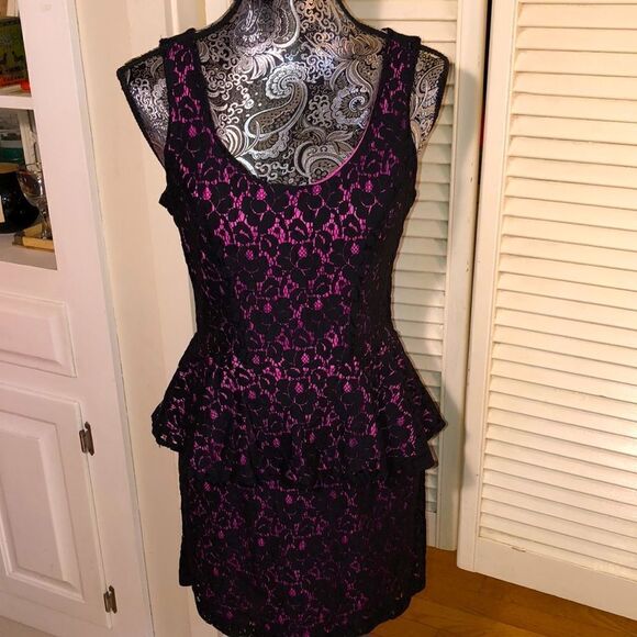 Black cotton lace Peplum Dress with berry pink poly lining by Heart ❤️ Soul - Picture 1 of 10